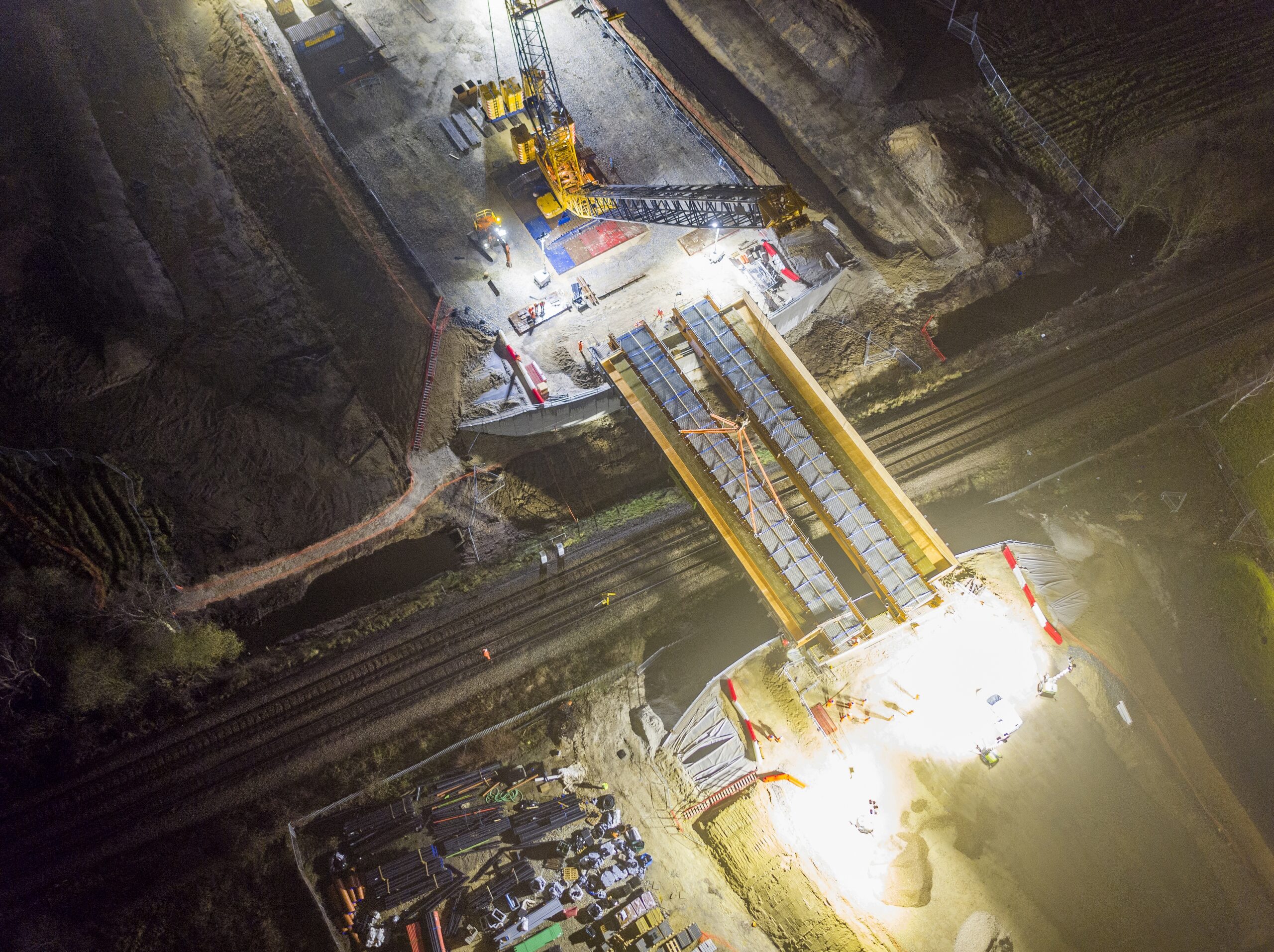 A drone shot of bridge beams being installed at Charterholme.